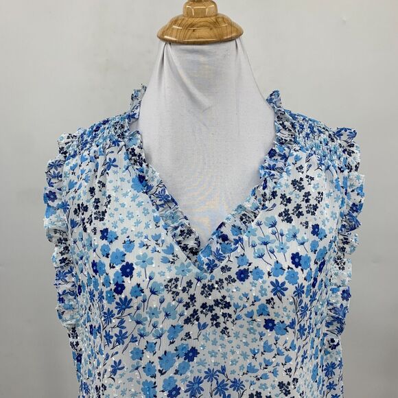 Maison d Amelie Tank Blouse Womens S Small Blue Floral Sleeveless Ruffle V Neck - Picture 3 of 11